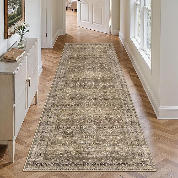 HUGEAR 2'6''x8' Runner Rug Hallway Vintage Brown Machine Washable Retro Floral Low Pile Carpet Distressed Long Throw Rug Bedroom Kitchen Laundry Non Slip Soft Lightweight