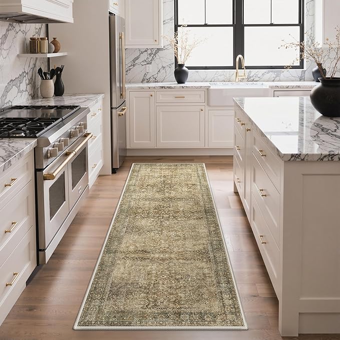 Bavni 2X6 Rug Runners for Hallways, Washable Runner Rug Non Slip, Vintage Floral Print Style Rugs for Bedroom-Lightweight Low Pile Carpet for Kitchen Bathroom,Green