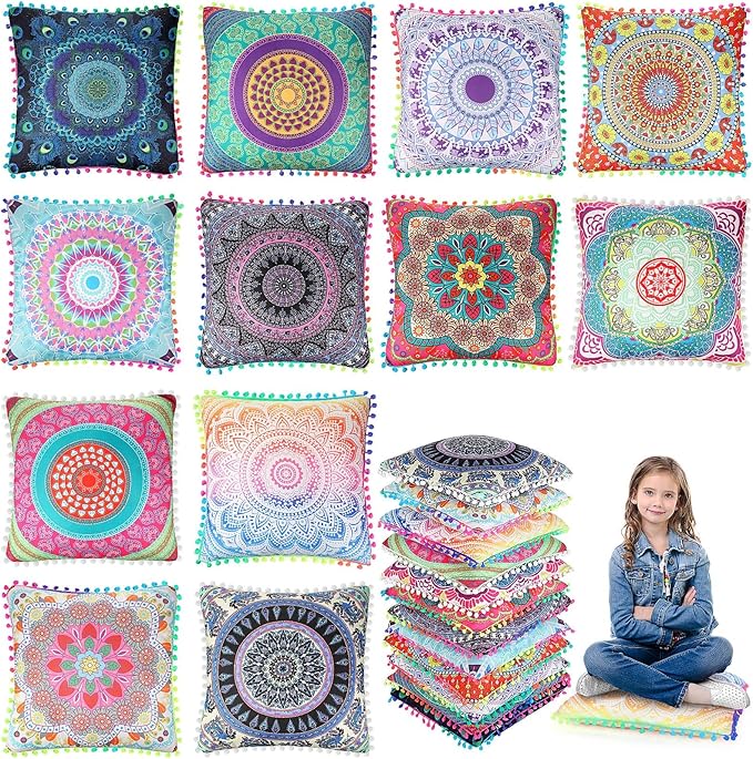 Ganeen 12 Pcs Floor Cushions for Classroom 16'' Boho Kids Seating Pillow Flexible Floor Cushions Meditation Pillows for Toddler Sitting Home School Classroom Kindergarten Daycare Nursery(Square)