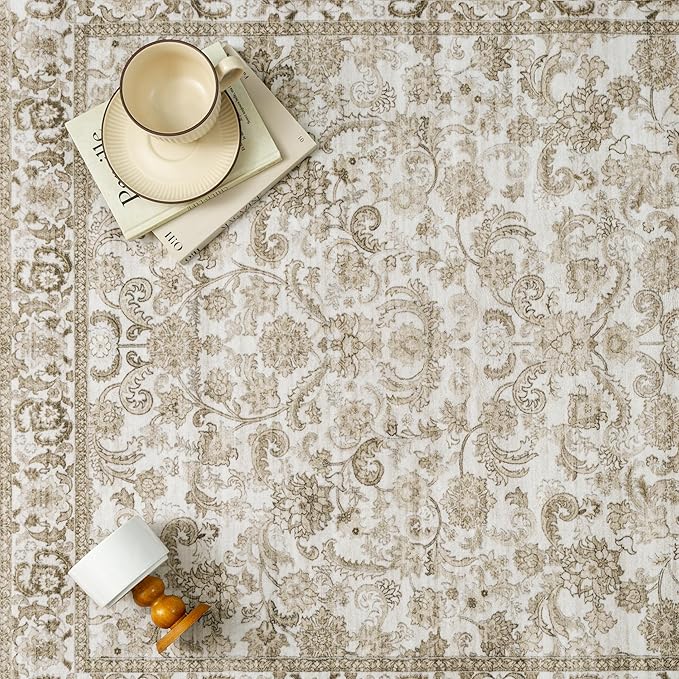HUGEAR Brown Area Rug 5x7 Machine Washable Living Room Rugs Distressed Neutral Vintage Floral Low Pile Carpet Bedroom Office Dining Room Laundry Room Non Slip Soft Lightweight