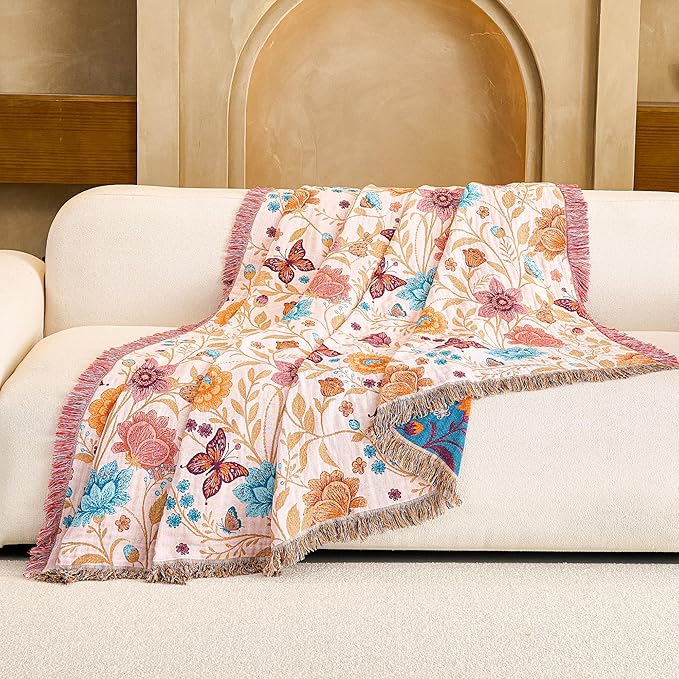 Boho Throw Blanket, 100% Organic Cotton Breathable Ultra Soft 80" x 90" Bed Quilt Throw - All Season Floral Rustic Farmhouse Decor Luxury Reversible Blanket for Sofa Couch Chair and Gift