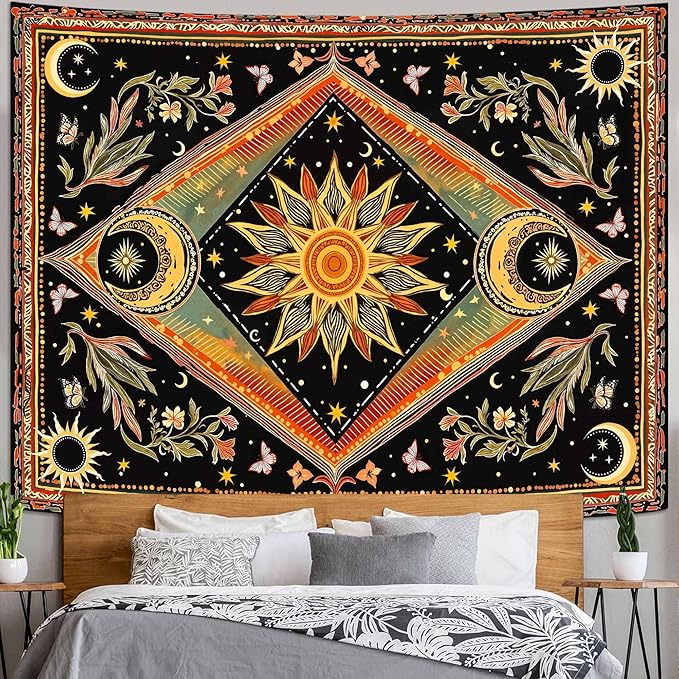 Accnicc Hippie Sun and Moon Tapestry Boho Mandala Floral Wall Tapestry for Bedroom Aesthetic Vintage Plant Celestial Colorful Large Tapestries Wall Hanging for Dorm Living Room Decor 80 x 60 Inch