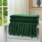 Chenille Throw Blanket for Couch with Tassels,50"X60" Soft Cozy Lightweight Knitted Boho Decorative Blankets for Bed and Sofa,Dark Green
