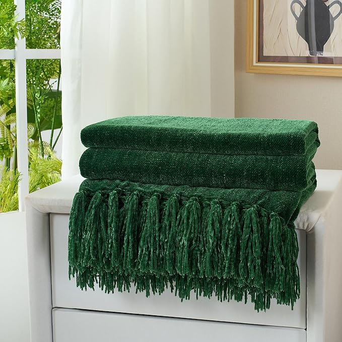 Chenille Throw Blanket for Couch with Tassels,60"X80" Soft Cozy Lightweight Knitted Boho Decorative Blankets for Bed and Sofa,Dark Green