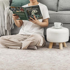 Asense 11-inch Round Ottoman Footstool,Small Padded Seat with Wood Legs,Foot Rest Stool for Living Room Bedroom Couch,White