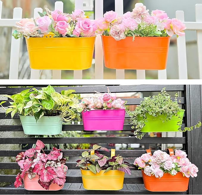 LaLaGreen Outdoor Hanging Planter (11.2 Inch, 6 Pack) Light Blue, Green, Neon Pink, Yellow, Orange, Peachy Pink Metal Iron Window Box Flower Pot Deck Railings Fence Rail Bucket Porch Home Garden Decor