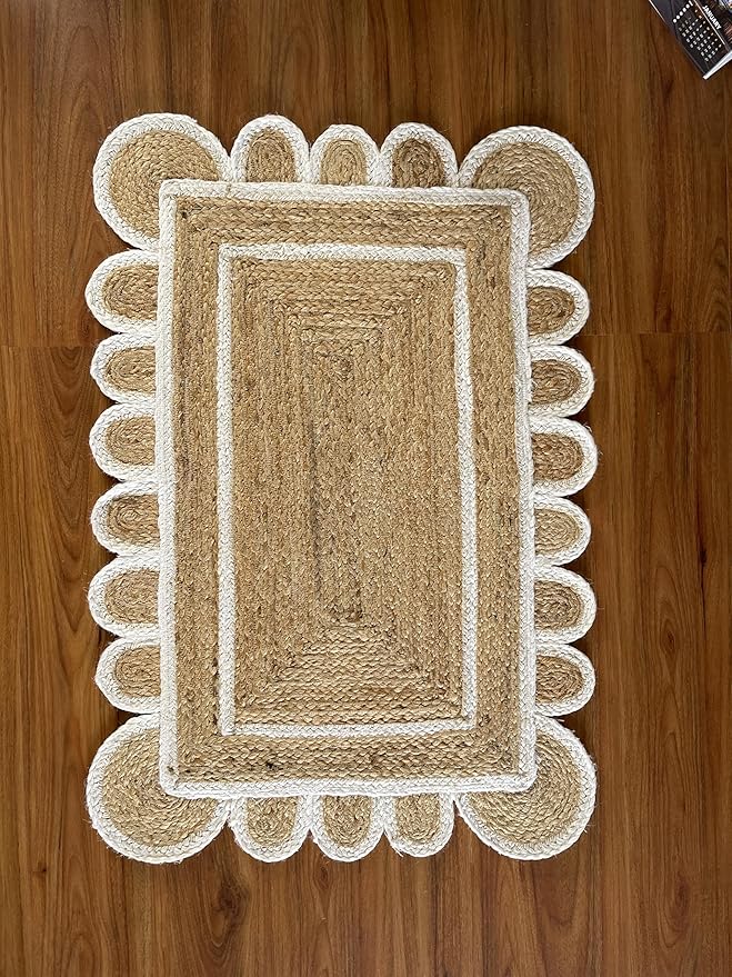 Scallop Pattern Jute Bohemian Area Rug (Off White, 2'x3')
