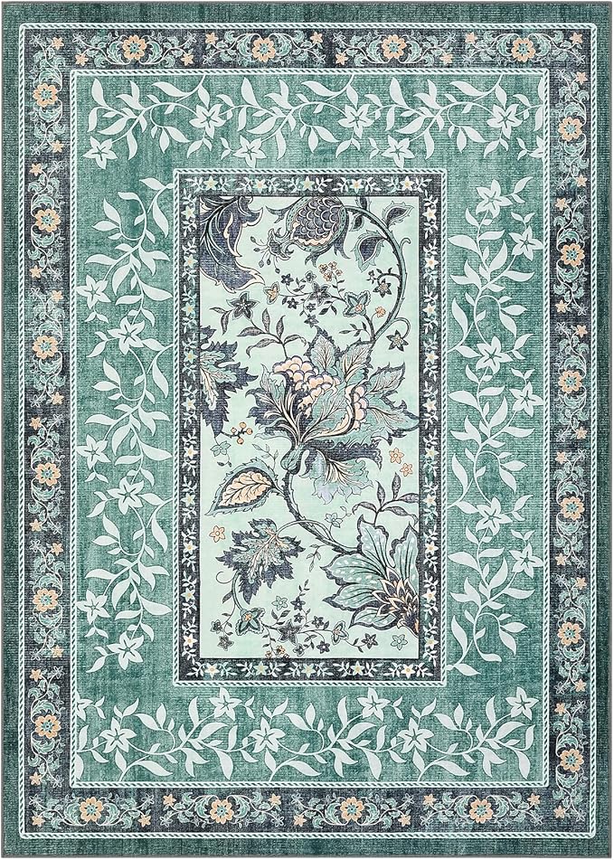 GarveeHome Teal 2x6 Washable Kitchen Runner Rugs Non Slip Provence Botanical Grove Vintage Boho Cottage Long Rug for Hallways Bedroom TPE Rubber Backing