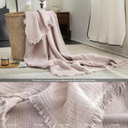 FOSSA Muslin Blanket with Fringe - 4-Layer 100% Cotton Gauze Super Soft & Breathable Throw -Lightweight Decorative Cooling Blanket for Bed, Sofa, Office (Greyish Pink, Oversize Queen (98" × 98"))