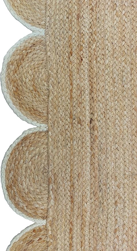 Scalloped Natural Jute Area Rug, Off White Trim, 2'x14'