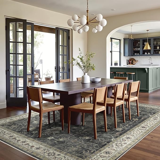 GENIMO 5x7 Area Rugs for Living Room, Machine Washable Rug, Non Slip Indoor Vintage Rug, Low Pile Lightweight Chenille Print Carpet for Bedroom Dining Room Home Office, Muted Charcoal Beige
