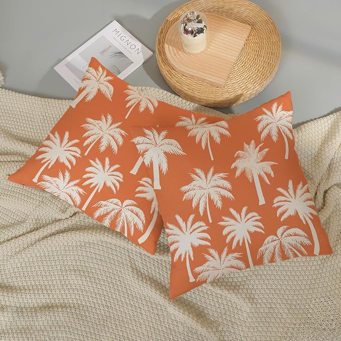 Burnt Orange Palm Tree Pillow Covers 20x20 Inch Set of 2 Vintage Tropical Decorative Pillow Cases Summer Outdoor Cushion Cover Farmhouse Linen Decoration Throw Pillows for Couch Living Room