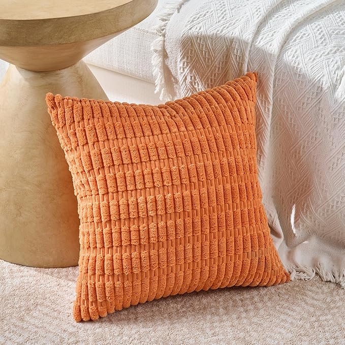 Fancy Homi Set of 4 Burnt Orange Fall Boho Decorative Throw Pillow Covers 22x22 Inch for Couch Bed Sofa, Aesthetic Modern Bohemian Room Decor, Soft Fuzzy Cozy Corduroy Textured Cushion Case 55x55cm