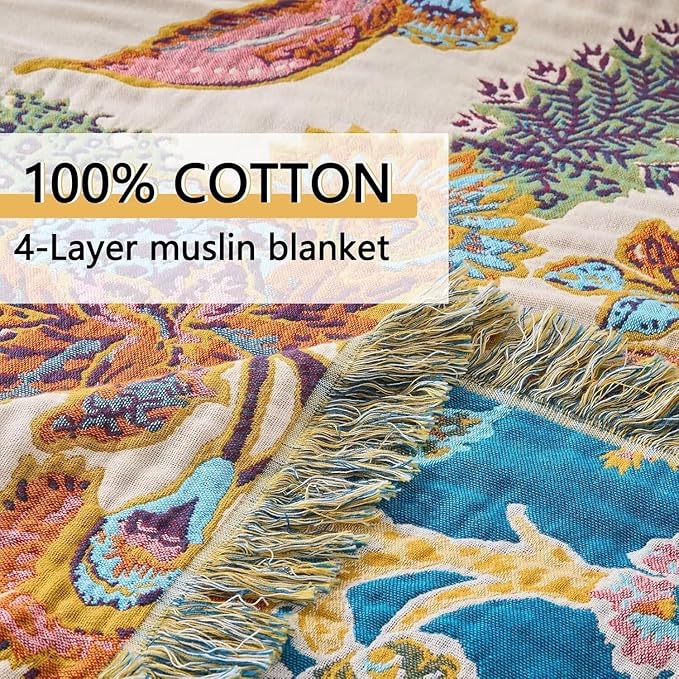 Boho Throw Blanket Farmhouse Decor Throw Blanket Bohemian Blanket for Bed 100% Cotton Muslin Woven Couch Blanket All Seasons Quilt Bedroom (Beige, 90"x98")