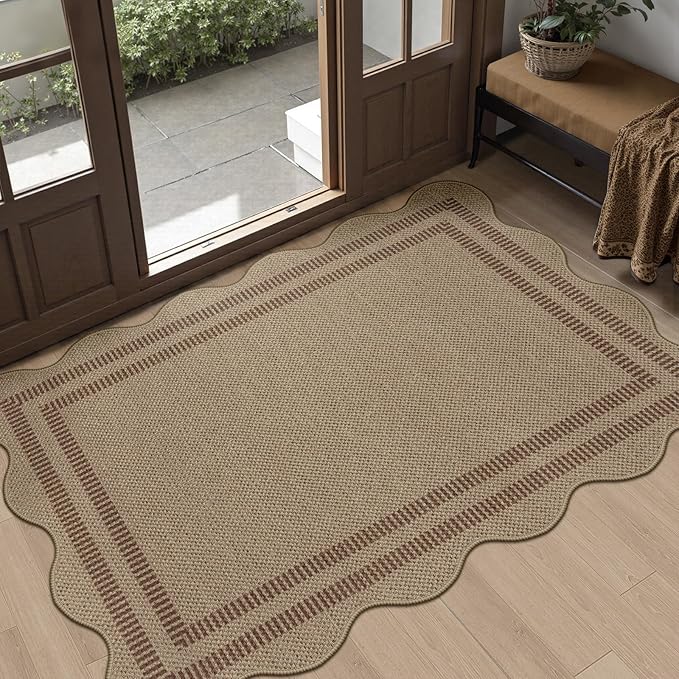 Easy Jute Front Door Mat, 2.6x4 Washable Entryway Rug Non Slip Small Kitchen Rug, Farmhouse Low Pile Floor Scalloped Rugs for Bathroom Porch Doorway