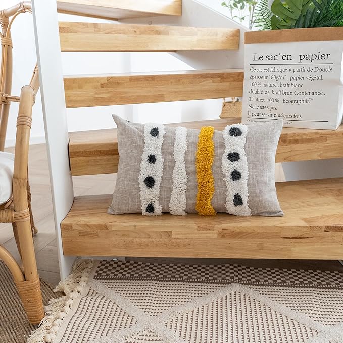 Boho Tufted Lumbar Throw Pillow Cover with Handwoven Stripes, Linen Cotton Simple Decorative Cushion Case for Couch Sofa, 1 PC (Beige Yellow, 12x20 inch)