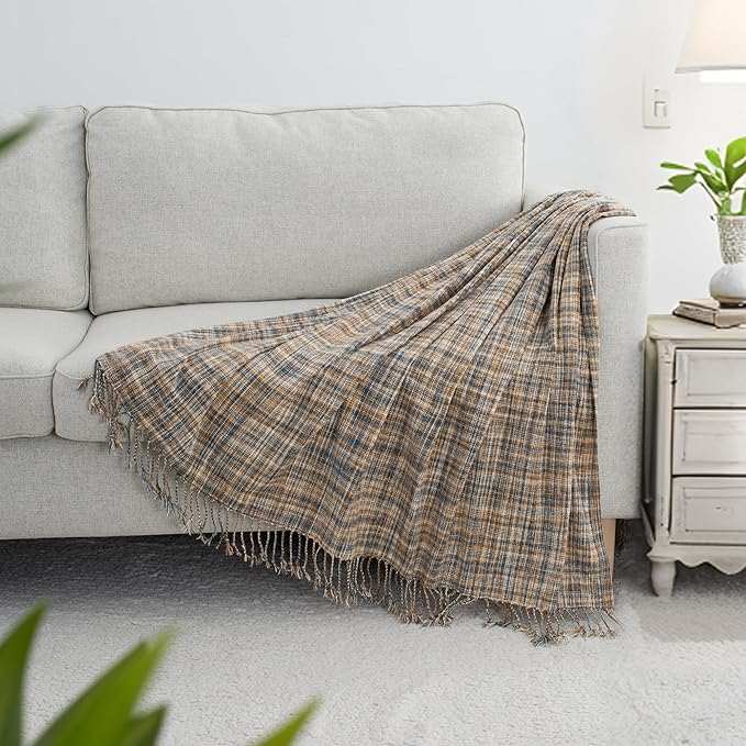 Chenille Throw Blanket for Couch with Tassels,60"X80" Soft Lightweight Knitted Boho Decorative Blankets for Bed and Sofa,Blue and Yellow