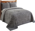 Better Trends Chenille Bedspread Set 3 Pieces Gray 100% Cotton King Size Bedspread Medallion Pattern 2 King Shams Luxurious Feel Perfect for Gifting All Seasons, Machine Washable, Rio Collection