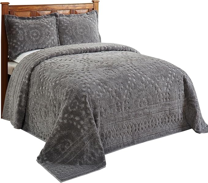 Better Trends Chenille Bedspread Set 3 Pieces Gray 100% Cotton King Size Bedspread Medallion Pattern 2 King Shams Luxurious Feel Perfect for Gifting All Seasons, Machine Washable, Rio Collection
