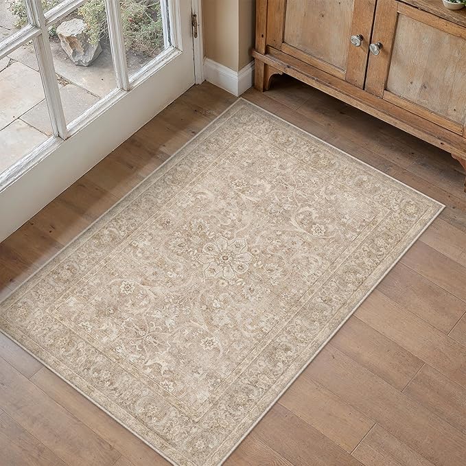 Brown 2x3 Area Rug Entryway Washable Vintage Carpet Door Mat Small Indoor Non Slip Soft Low Pile Thin Stain Resistant Distressed Accent Throw Rug for Kitchen Bathroom Entrance Bedroom