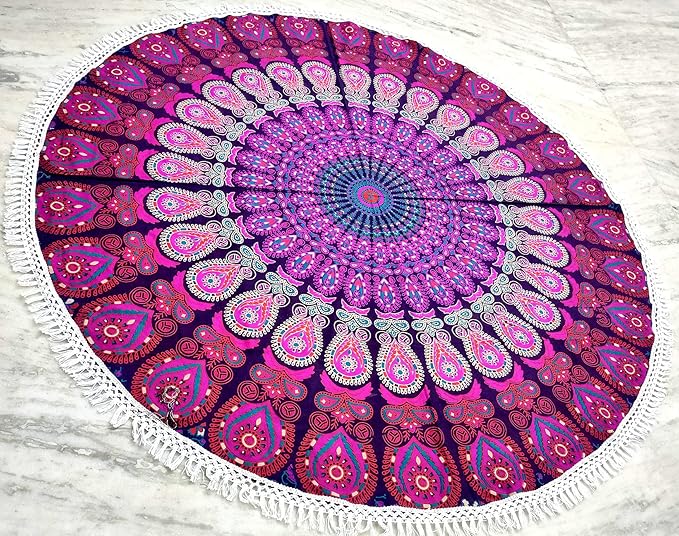 Round Beach Tapestry Turquoise Mandala Throw/Boho Hippie Beach Blanket Roundie/Indian Cotton Bohemian Large Round Table Cloth-Home Decor/Yoga Mat Meditation Picnic Rug (70", White And Pink)