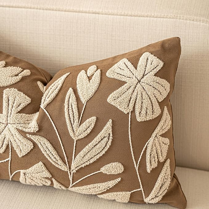 BlissBlush 20x20 Throw Pillow Cover, Square Brown Decorative Cushion Cover for Couch Sofa, Embroidered Velvet Farmhouse Accent Pillowcase (Cover Only)