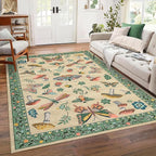 Mushroom Washable Area Rug 6x9 Rugs for Living Room Soft Low-Pile Stain Resistant Thin Carpet for Bedroom Dining Nursery Non Slip Mat with Rubber Khaki Green