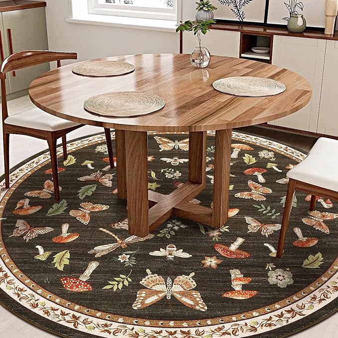 Mushroom Insect 4ft Round Rug Washable Non-Slip Soft Ultra-Thin Small Boho Circle Carpet for Entryway Kitchen Bedroom Nursery Dining Room Brown