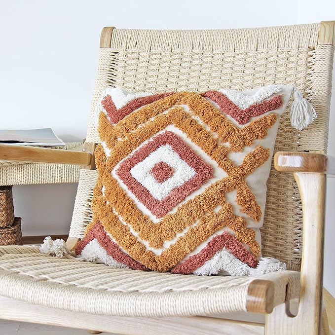 JOJUSIS Boho Throw Pillow Covers with Handmade Tassels Decorative Woven Tufted Orange Fall Pillowcase for Couch Bedroom 18 x 18 Inch Set of 2