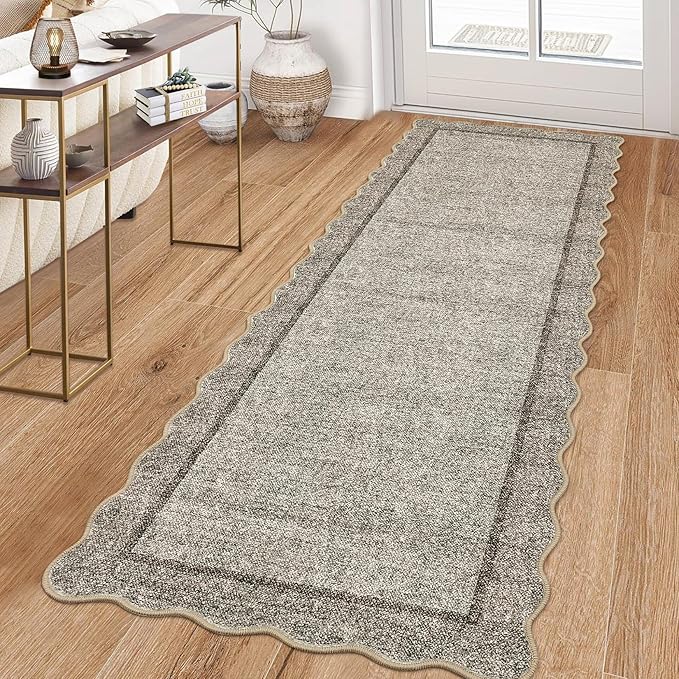 GarveeHome Scalloped Washable Runner Rug 2x8 Runner Modern Non Slip Kitchen Runner Distressed Low Pile Entryway Rug Soft Bathroom Rugs Stain Resistant Carpet for Bedroom Hallway Laundry 2'x8' Brown