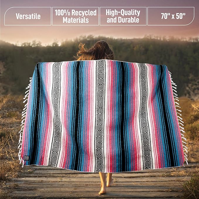 Hydration Nation Authentic Large Handwoven Mexican Striped Throw Blanket - Soft, Durable, Eco-Friendly - 70"x50" - Cotton Candy