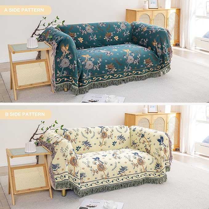 Boho 100% Cotton Large Throw Blanket King - All Season Rustic Ultra Soft Breathable Floral Bird Blanket for Bed Sofa Couch Chair Bedspread Quilt Gift, 91" x 108"-Teal/Beige