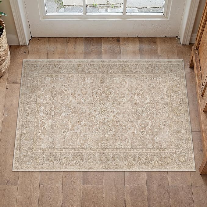 Brown 2x3 Area Rug Entryway Washable Vintage Carpet Door Mat Small Indoor Non Slip Soft Low Pile Thin Stain Resistant Distressed Accent Throw Rug for Kitchen Bathroom Entrance Bedroom
