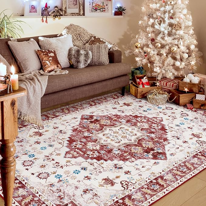 Amearea Vintage Design Area Rugs for Living Room, 6x9 Machine Washable Floral Collection Traditional Bedroom Rug, Low Pile Cute Kids Room Print Carpet, No Slip Office Kitchen Home Decor, Red