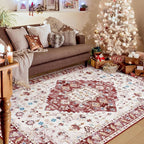 Amearea Vintage Design Area Rugs for Living Room, 5x8 Machine Washable Floral Collection Traditional Bedroom Rug, Low Pile Cute Kids Room Print Carpet, No Slip Office Kitchen Home Decor, Red