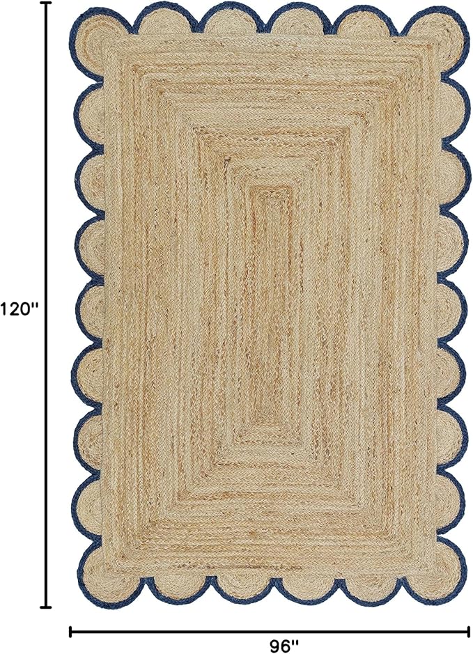 Scalloped Natural Jute Area Rug, Navy Trim, 8'x10'