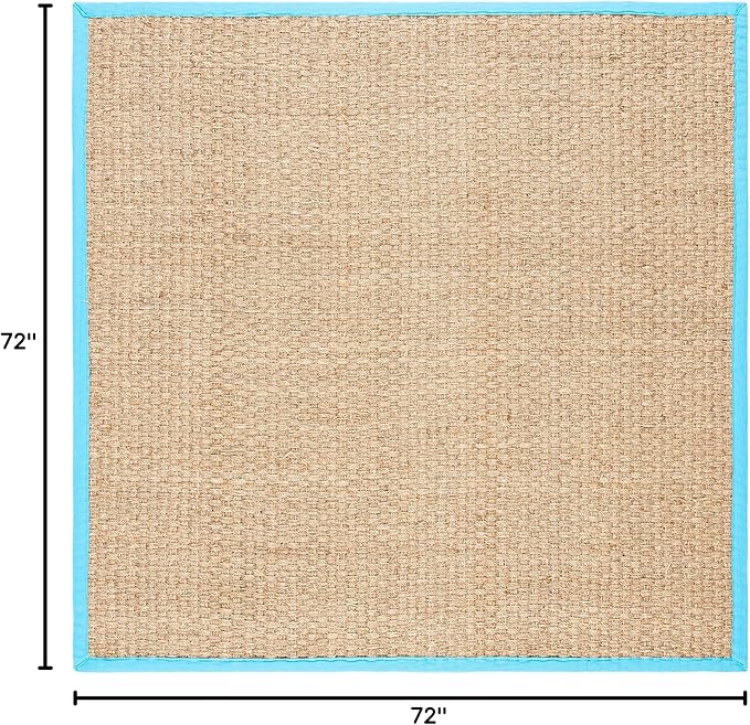 SAFAVIEH Area Rug 6' Square - Natural Fiber Collection - Natural & Turquoise, Seagrass, Basketweave Pattern with Border (NF114S)