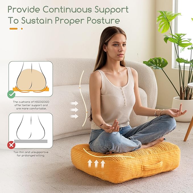 HIGOGOGO 6" Extra Thick Floor Pillow Cushion for Adults, Meditation Cushion Pillow, Large Square Floor Sitting, Tufted Corduroy Cover, for Tatami Living Room or Yoga, 22x22 Inch, 2Pack, Orange