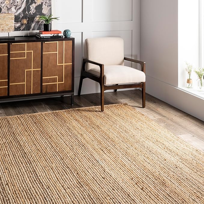 nuLOOM 6 Round Rigo Jute Hand Woven Area Rug, Natural, Solid Farmhouse Design, Natural Fiber, For Bedroom, Living Room, Dining Room, Hallway, Office, Kitchen, Entryway