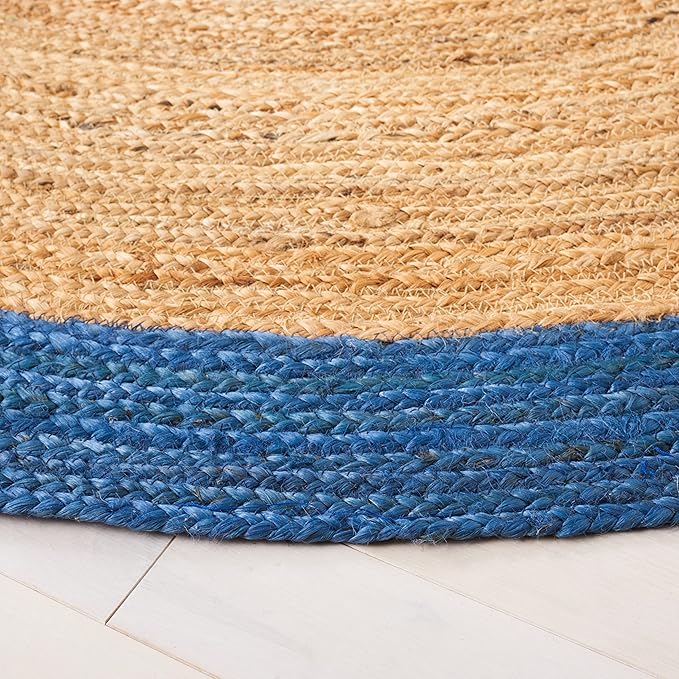SAFAVIEH Natural Fiber Collection 6' Round Natural/Blue NFB852M Handmade Flatweave Boho Farmhouse Rustic Border Jute Area Rug