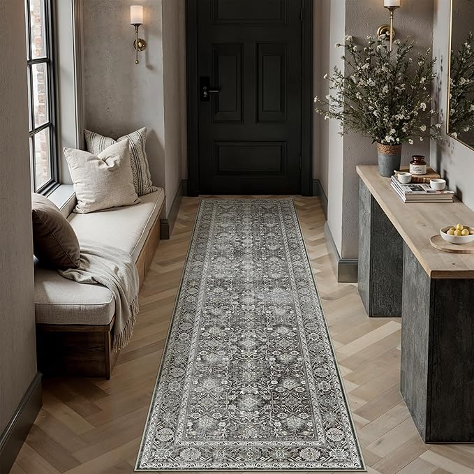 Black Runner Rug 2x8 Vintage Area Carpet Hallway Long Indoor Kitchen Washable Living Room Low Pile Traditional Distressed Retro Accent Throw Rug Non Slip Laundry Bathroom Office Dining Room
