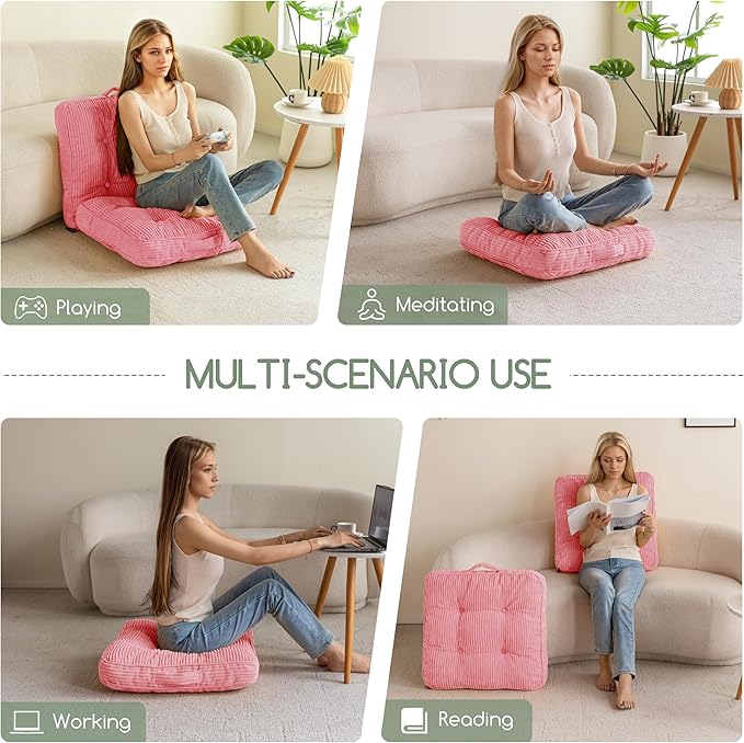 HIGOGOGO Floor Pillow Cushion for Adults, Meditation Cushion Pillow, Large Square Floor Sitting, Tufted Corduroy Cover, for Tatami Living Room or Yoga, 22x22 Inch, 2Pack, Pink