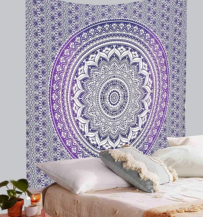 ANJANIYA Ombre Wall Hanging Bohemian Tapestry, Metallic Wall Art Bedspread, Psychedelic Hippie Mandala Dorm Décor for Hanging, Bedding, Beach Coverlet Curtain, Purple Blue, 54"X60"