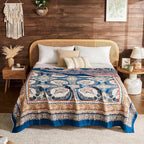 Boho Throw Blanket 100% Cotton Muslin Woven Blanket Bohemian Bed Throws Vintage Rustic Farmhouse Decor Reversible Bed Blanket Quilt for All Seasons（Blue 50"x60"）