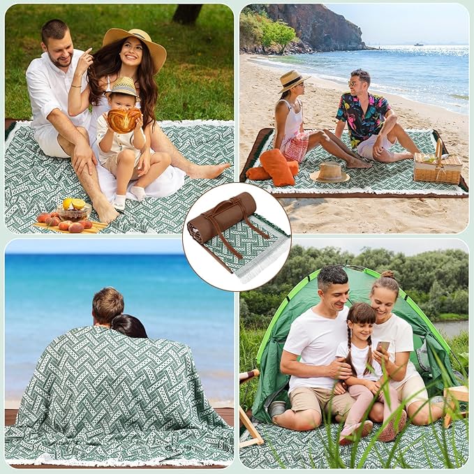 VitalCozy Waterproof Picnic Blankets 71×71 inch Outdoor Blanket Foldable 2 in 1 Double Layer Sandproof Beach Mat with Carry Strap for Camping Lawn Park Beach Grass(Green)