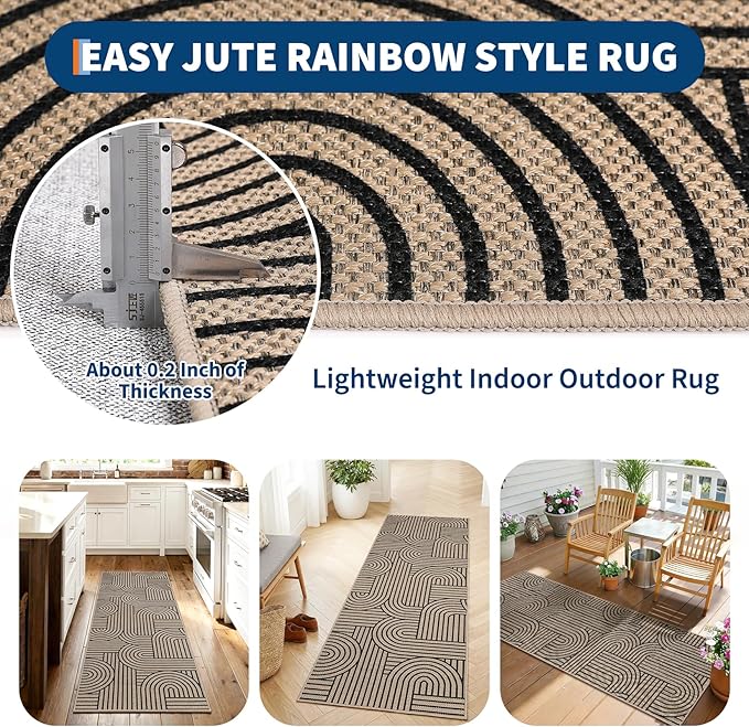 GarveeHome Easy Jute 2x8 Runner Rugs Modern Rainbow Rug for Hallway Kitchen Non Slip Indoor Outdoor Runner Door Mat for Laundry Porch Bathroom