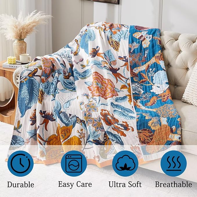 Boho Blanket Soft Muslin BohoThrow Blanket, 100% Cotton Floral Printed Farmhouse Decor All Season Reversible Rustic Throw for Sofa Couch Chair (Beige, 90"x98")
