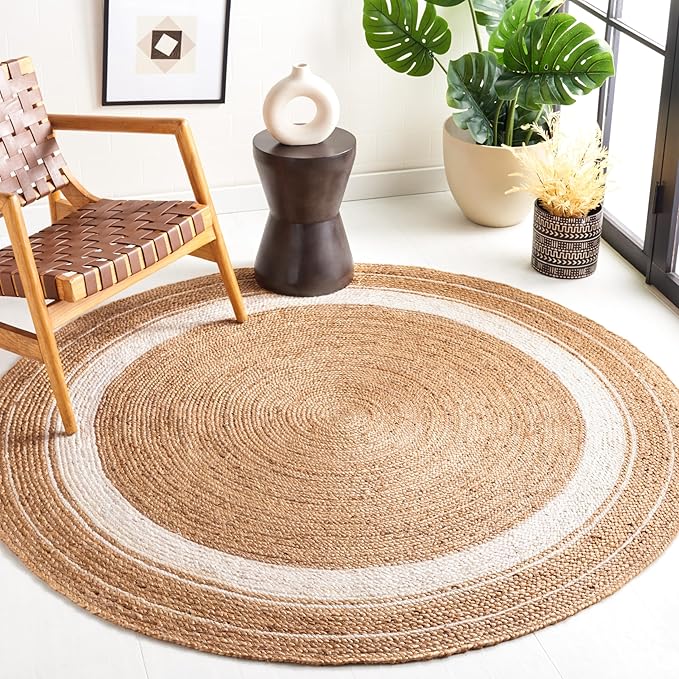 SAFAVIEH Natural Fiber Collection Area Rug - 6' Round, Natural & Ivory, Flat Weave Farmhouse Border Jute Design, Ideal for High Traffic Areas in Living Room, Bedroom (NF812A)