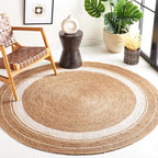 SAFAVIEH Natural Fiber Collection Area Rug - 6' Round, Natural & Ivory, Flat Weave Farmhouse Border Jute Design, Ideal for High Traffic Areas in Living Room, Bedroom (NF812A)