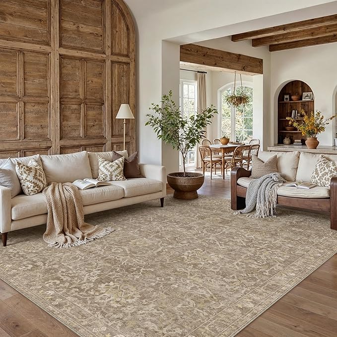 HUGEAR Area Rug 8x10 Light Brown Machine Washable Living Room Rugs Distressed Vintage Floral Vacuumable Low Pile Carpet Bedroom Office Dining Room Laundry Room Non Slip Soft Lightweight